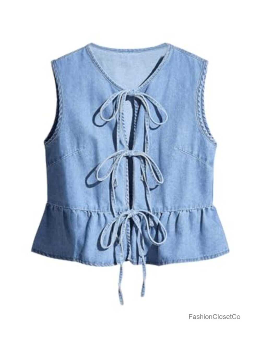 Slim Fit Tie Front Denim Vest Sleeveless V-Neck Ruffle Hem Top